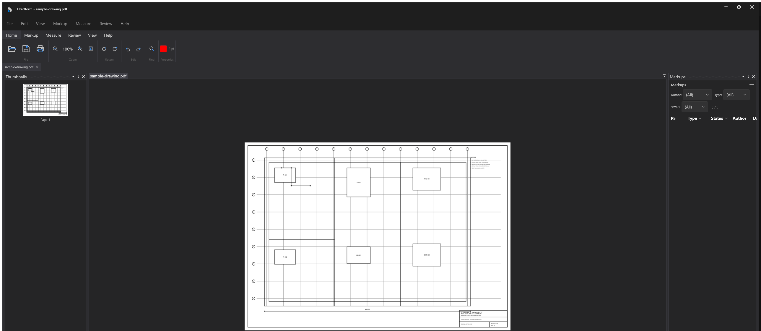 Draftform displaying an A1 services layout drawing, with the thumbnails panel on the left, the markups list on the right, and page and scale information in the status bar.